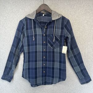 Mudd BTS Womens Hooded Shirt Front Pocket Blue Plaid Gray Hoodie Size X Small